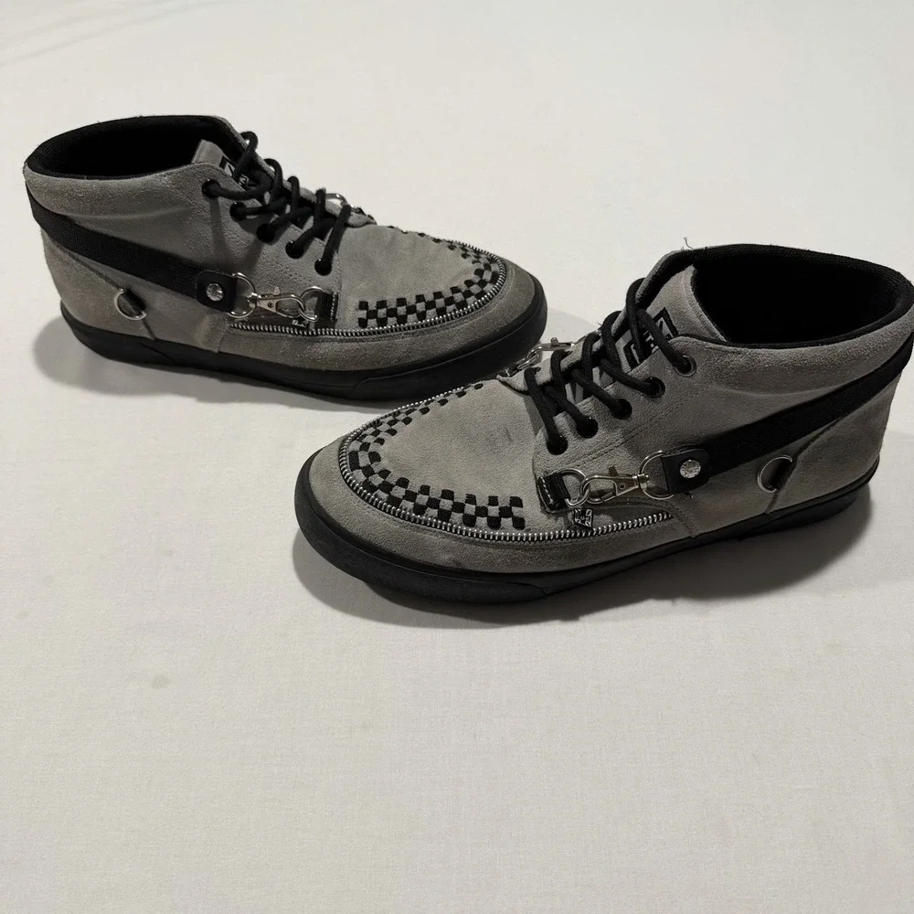 TUK Mens 12 Grey Suede Creeper Sneakers Bondage Straps D-Ring Zipper Punk Rock